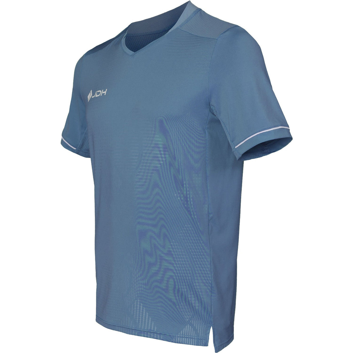 Schuin vooraanzicht van het staalblauwe JDH T-Shirt Carbon Pro met ruitprint