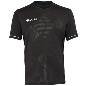 Vooraanzicht van het zwarte JDH T-Shirt Carbon Pro met wit logo en witte mouwbies