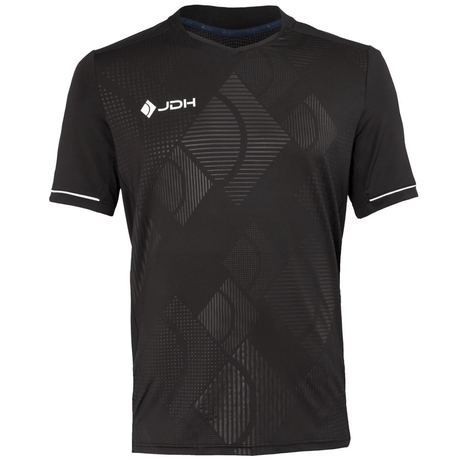 Vooraanzicht van het zwarte JDH T-Shirt Carbon Pro met wit logo en witte mouwbies
