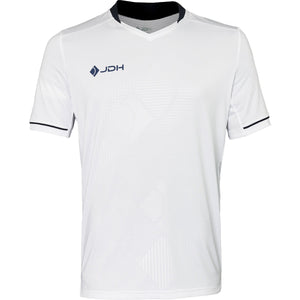 Vooraanzicht van het witte JDH T-Shirt Carbon Pro met donkerblauwe hals en mouwbies