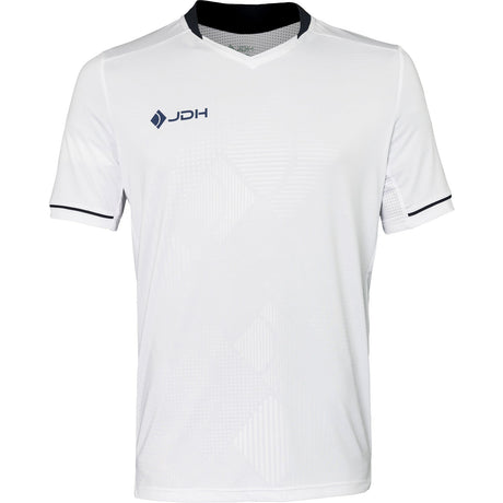 Vooraanzicht van het witte JDH T-Shirt Carbon Pro met donkerblauwe hals en mouwbies