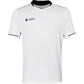 Vooraanzicht van het witte JDH T-Shirt Carbon Pro met donkerblauwe hals en mouwbies