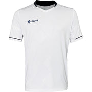 Vista frontal de la camiseta JDH Carbon Pro White con cuello y ribete de manga en azul oscuro