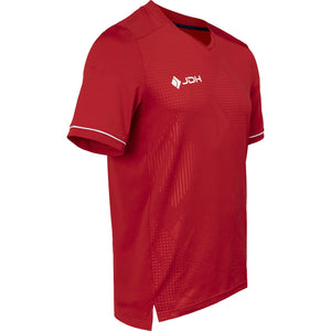 Schuin vooraanzicht van het rode JDH T-Shirt Carbon Pro met ruitmotief op de borst