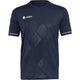 Vooraanzicht van het donkerblauwe JDH T-Shirt Carbon Pro met wit logo en witte bies