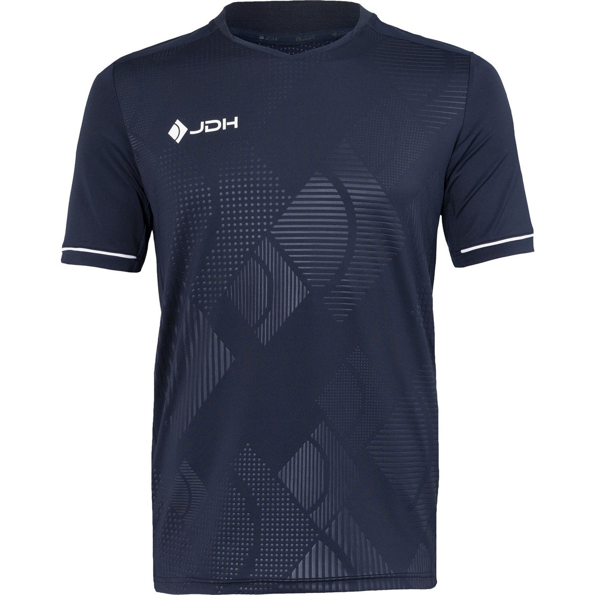 Vooraanzicht van het donkerblauwe JDH T-Shirt Carbon Pro met wit logo en witte bies