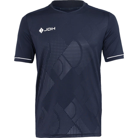Vooraanzicht van het JDH T-Shirt Carbon Pro Navy met wit logo en witte mouwbies