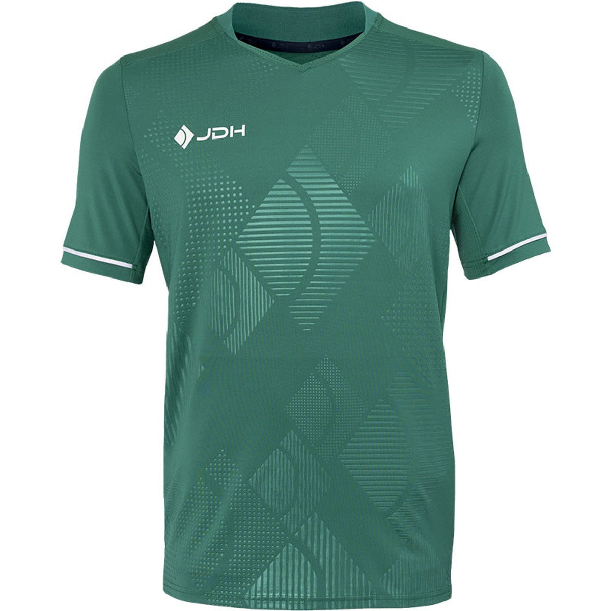 Vooraanzicht van het donkergroene JDH T-Shirt Carbon Pro met wit logo en witte mouwbies
