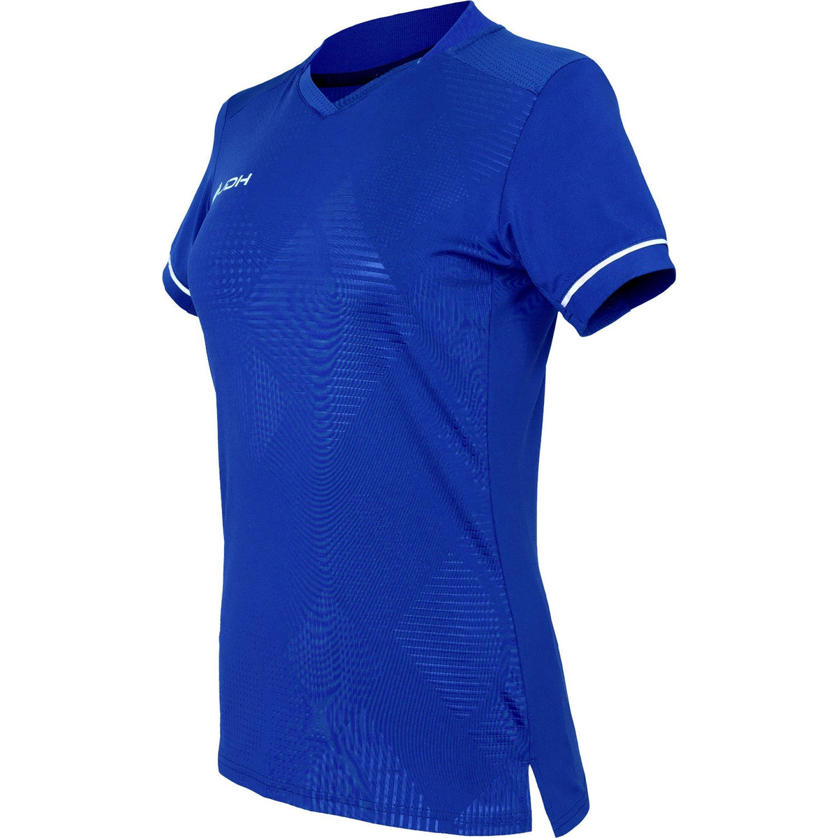 Zijaanzicht van het kobaltblauwe JDH Carbon W Pro T-shirt met split in de zoom
