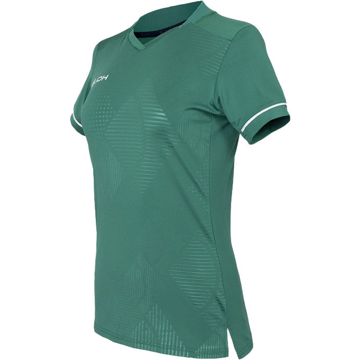 Zijaanzicht van het zeegroene JDH Carbon W Pro T-shirt met split in de zoom