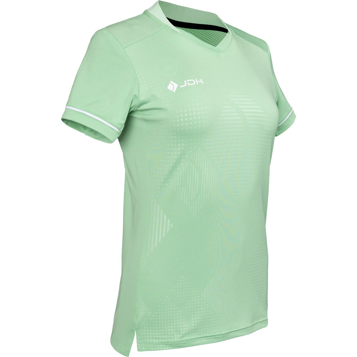 Schuin vooraanzicht van het mintgroene JDH Carbon W Pro T-shirt met logo