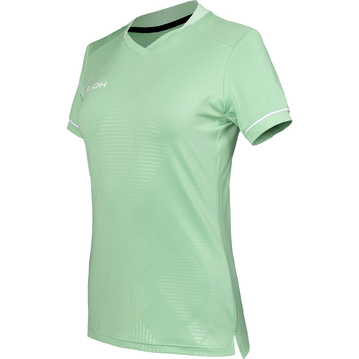 Zijaanzicht van het mintgroene JDH Carbon W Pro T-shirt met split in de zoom
