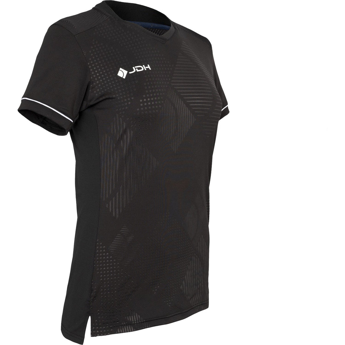 Schuin vooraanzicht van het zwarte JDH Carbon W Pro T-shirt met logo