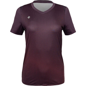 Vooraanzicht van het aubergine JDH W Graphic T-Shirt met roze stippenverloop en V-hals