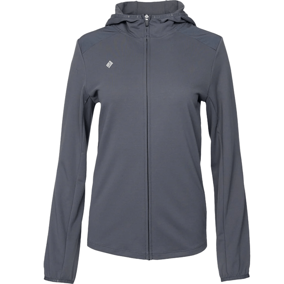 Vooraanzicht van het grijze JDH W Hooded Midlayer jack met rits en capuchon
