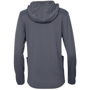 Achterkant van het grijze JDH W Hooded Midlayer met neergeslagen capuchon