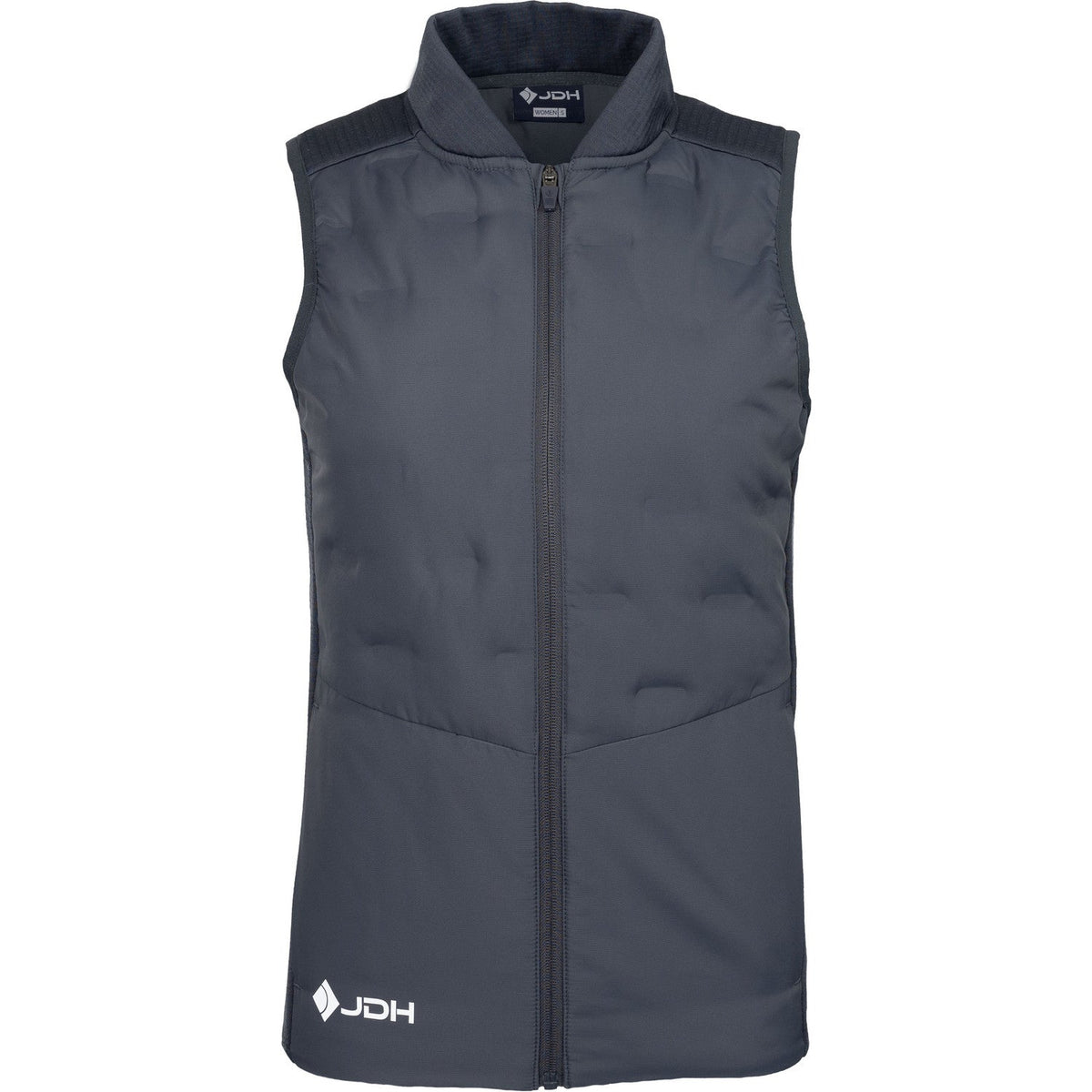 Vooraanzicht van de antracietgrijze JDH W Hybrid Padded Gilet met rits en wit JDH-logo