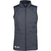 Vooraanzicht van de antracietgrijze JDH W Hybrid Padded Gilet met rits en wit JDH-logo
