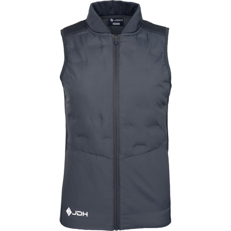 Vooraanzicht van de antracietgrijze JDH W Hybrid Padded Gilet met rits en wit JDH-logo