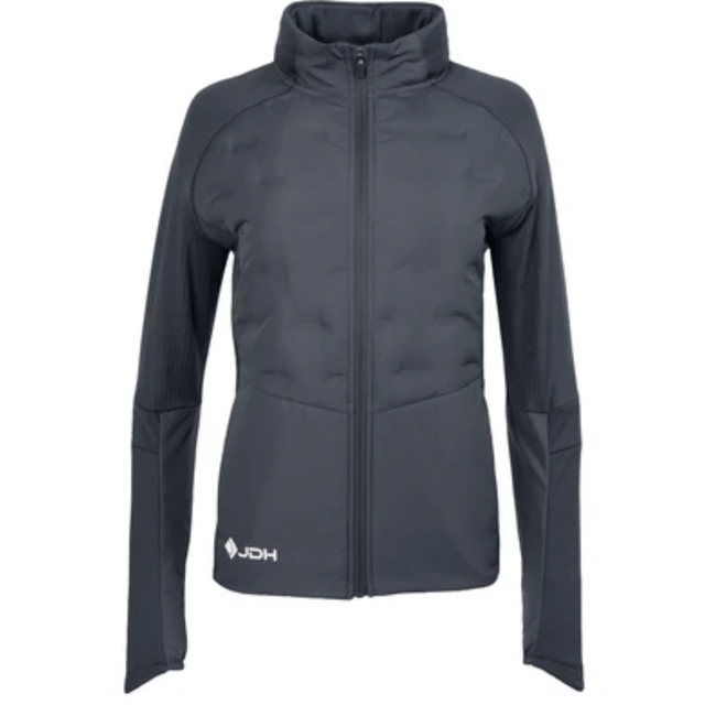 Vooraanzicht van het donkergrijze JDH W Hybrid Padded Jacket Ink met rits en opstaande kraag
