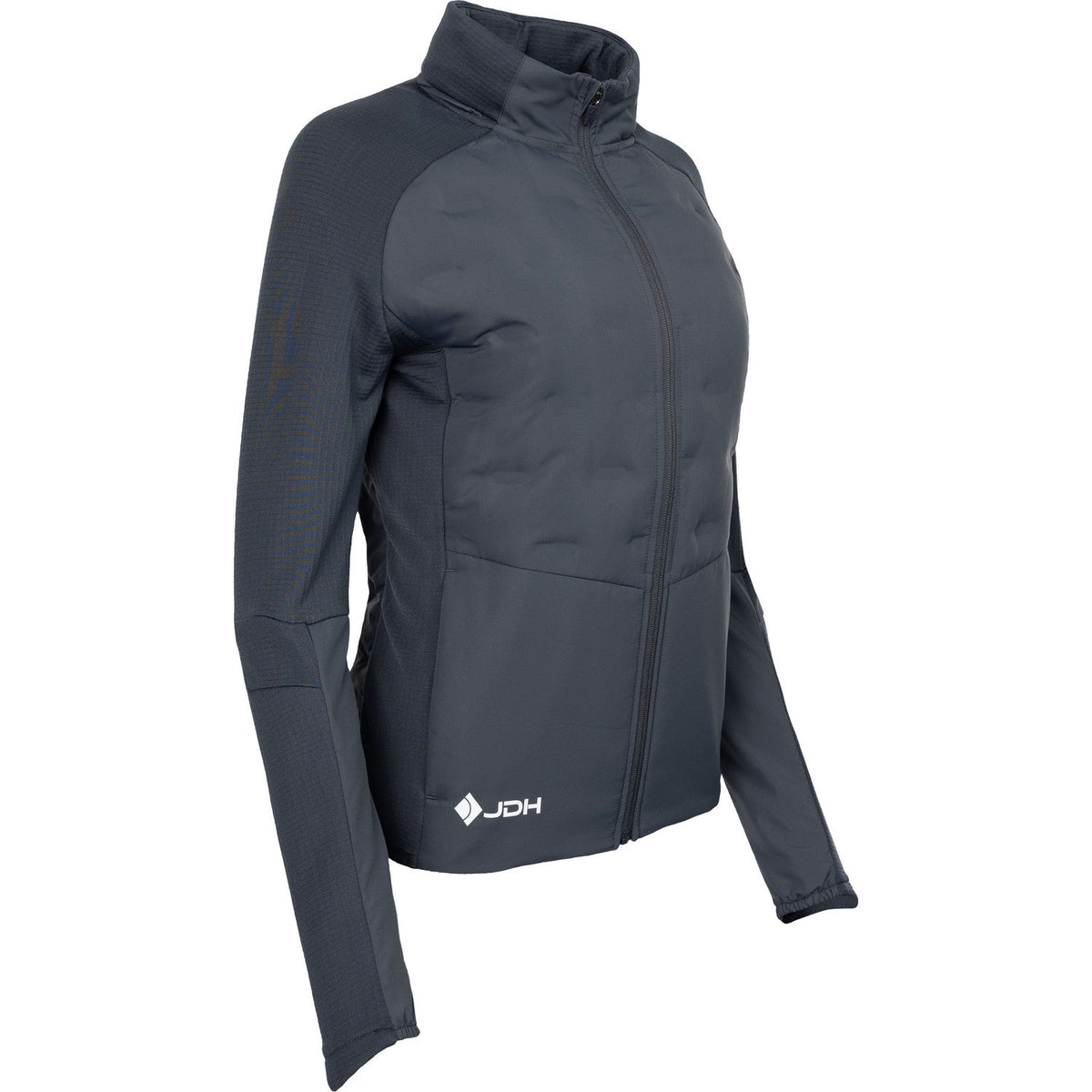 Schuin vooraanzicht van het grijze JDH W Hybrid Padded Jacket Ink met wit JDH-logo