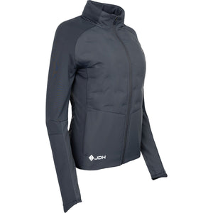 Schuin vooraanzicht van het grijze JDH W Hybrid Padded Jacket Ink met wit JDH-logo