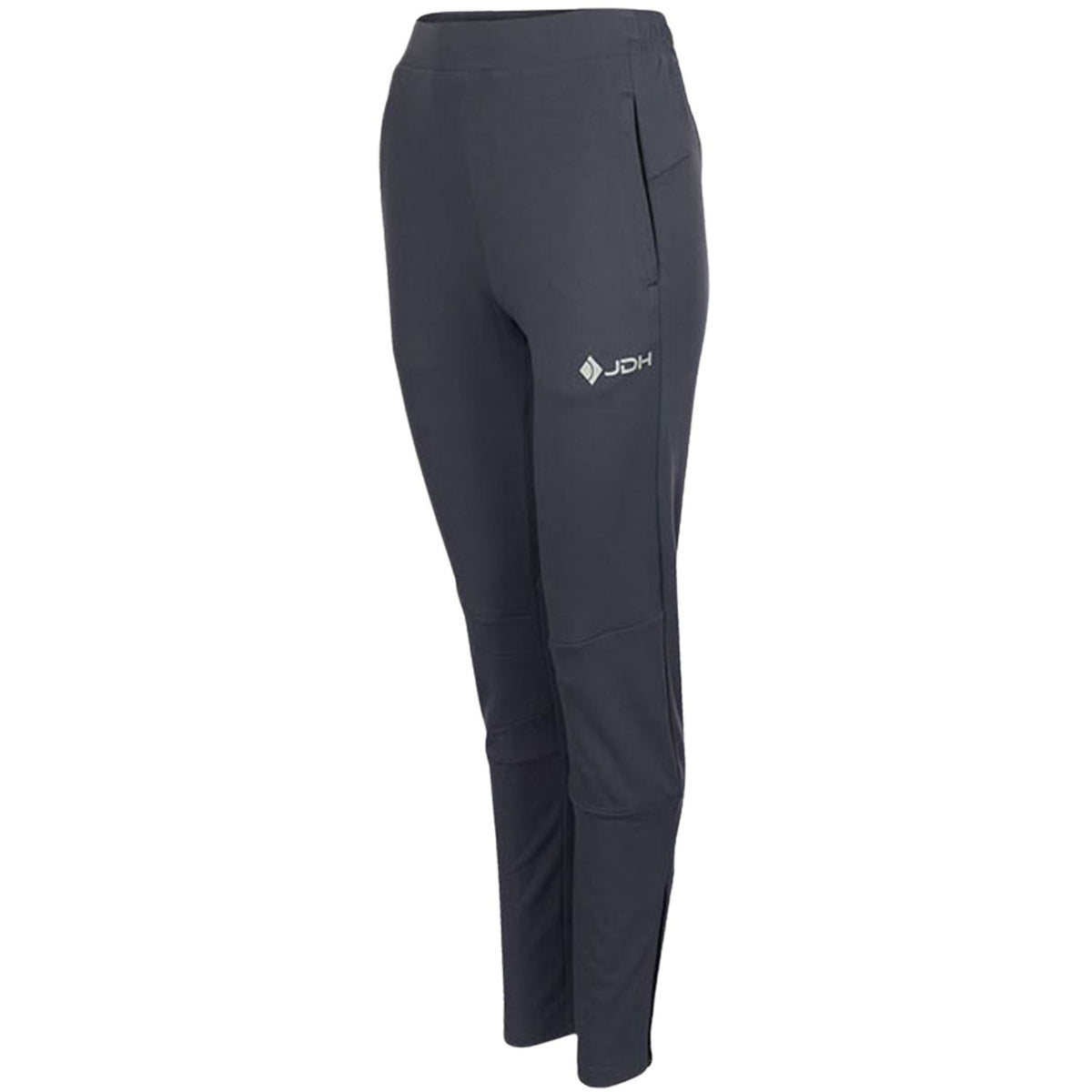 Zijaanzicht van de donkergrijze JDH W Performance Pant met logo en enkelnauwe pijp