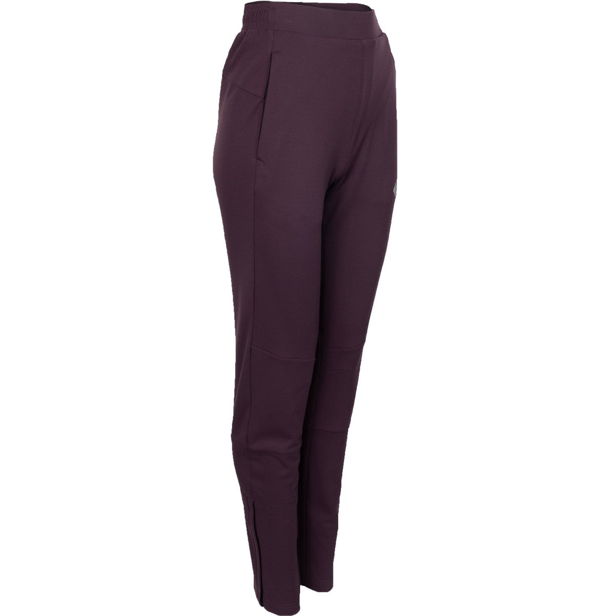 Schuin vooraanzicht van de aubergine JDH W Performance Pant met twee zijzakken