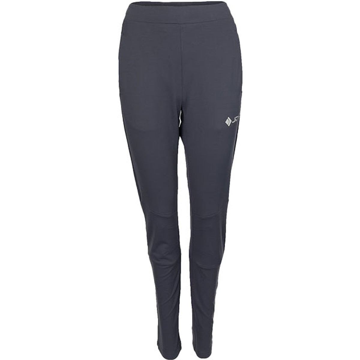 Vooraanzicht van de donkergrijze JDH W Performance Pant met JDH-logo op de rechterpijp