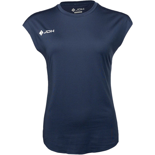 Vooraanzicht van het donkerblauwe JDH W Performance T-Shirt met wit JDH-ruitlogo op de borst