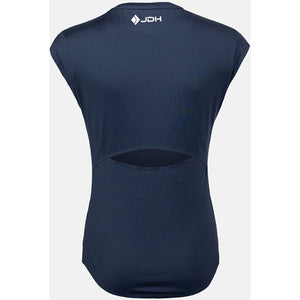 Achterkant van het donkerblauwe JDH W Performance T-Shirt met uitsparing in de rug