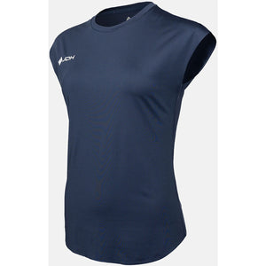 Zijaanzicht van het donkerblauwe JDH W Performance T-Shirt met soepel vallende zoom