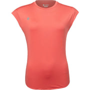 Vooraanzicht van het koraalrode JDH W Performance T-Shirt met raglan kapmouw en geperforeerde schoudernaad