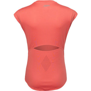 Achterkant van het koraalrode JDH W Performance T-Shirt met open split en perforaties