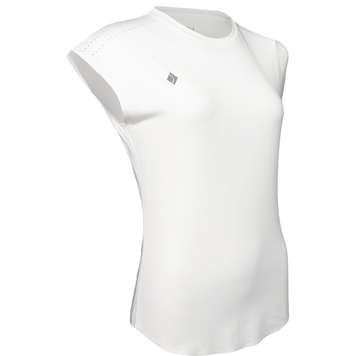 Schuin vooraanzicht van het witte JDH W Performance T-Shirt met ronde hals en klein logo