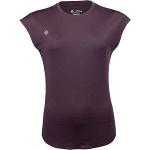 Vooraanzicht van het aubergine JDH W Performance T-Shirt met kapmouwtjes en ronde hals