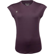 Vooraanzicht van het aubergine JDH W Performance T-Shirt met raglan kapmouw en grijs ruitlogo