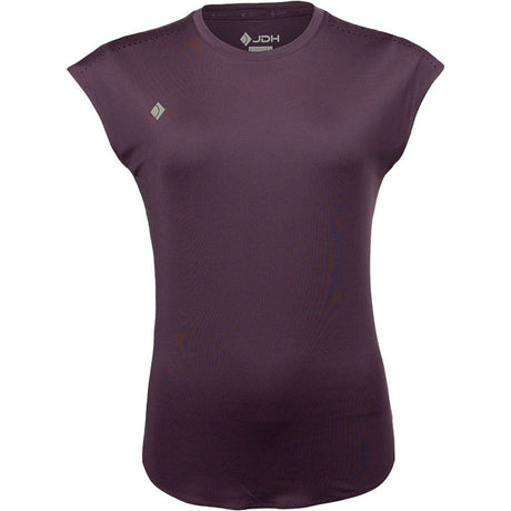 Vooraanzicht van het aubergine JDH W Performance T-Shirt met raglan kapmouw en grijs ruitlogo