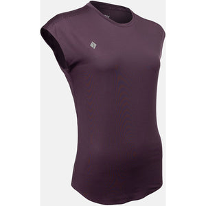 Schuin vooraanzicht van het aubergine JDH W Performance T-Shirt met grijs ruitlogo