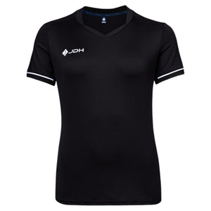 JDH Pro Tech damesshirt in zwart met V-hals en witte mouwbies, vooraanzicht