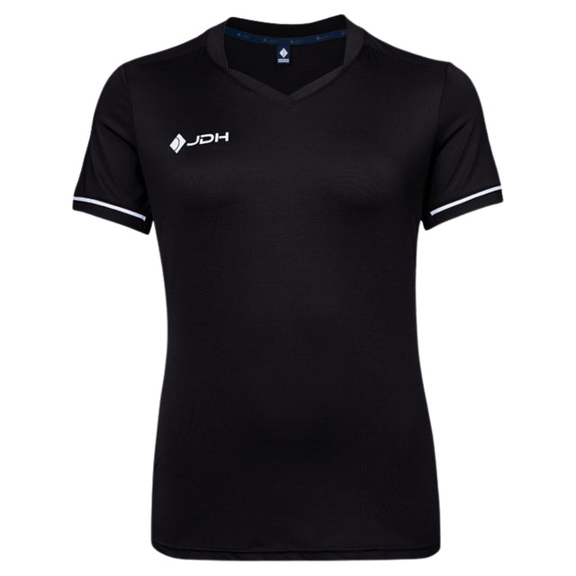 JDH Pro Tech damesshirt in zwart met V-hals en witte mouwbies, vooraanzicht