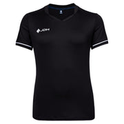 Vooraanzicht van het zwarte JDH W Pro Tech T-shirt met V-hals, meshkraag en witte mouwbies
