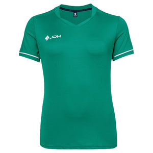 JDH Pro Tech damesshirt in groen met witte biezen, vooraanzicht