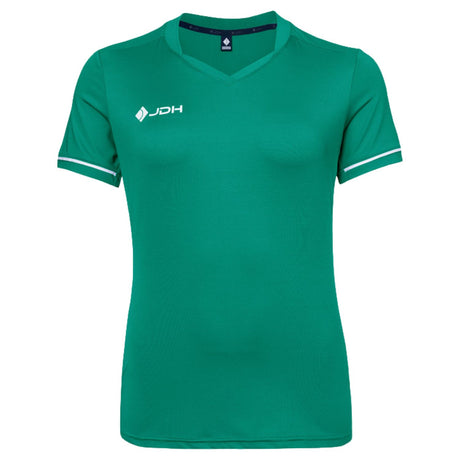 JDH Pro Tech damesshirt in groen met witte biezen, vooraanzicht