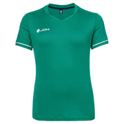 Vooraanzicht van het groene JDH W Pro Tech T-shirt met V-hals, meshkraag en witte mouwbies