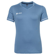 Vooraanzicht van het staalblauwe JDH W Pro Tech T-shirt met V-hals en JDH-logo op de borst