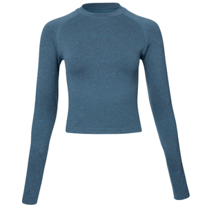 Vooraanzicht van de staalblauwe JDH W Seamless Longsleeve voor dames met korte pasvorm