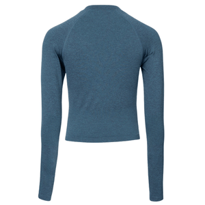 Achterkant van de staalblauwe JDH W Seamless Longsleeve met naadloze raglanmouwen
