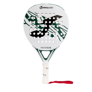 Joma Master 2026 padelracket in wit met donkergroen, vooraanzicht met rode polsband