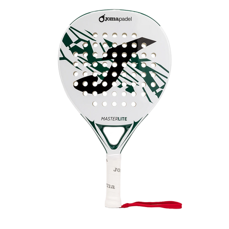 Joma Master 2026 padelracket in wit met donkergroen, vooraanzicht met rode polsband